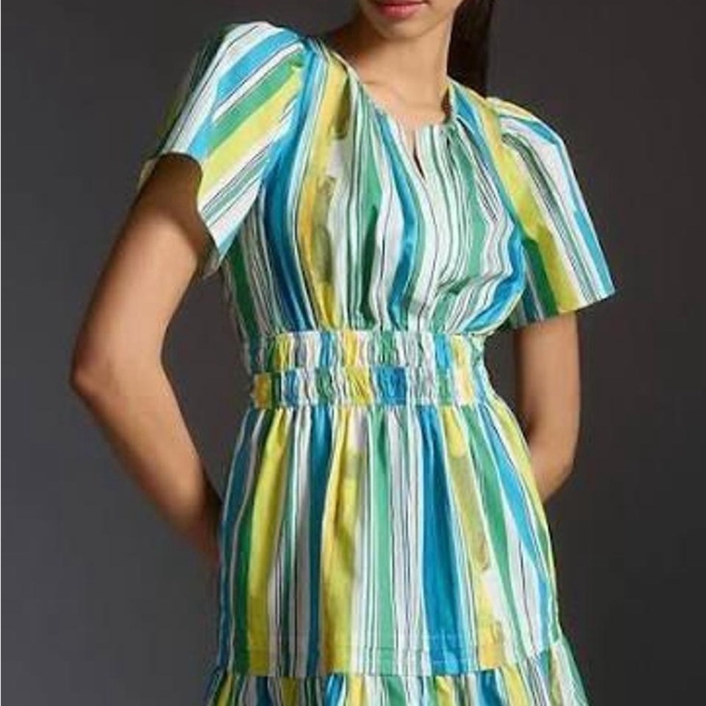 Anthropologie Blue and Yellow Smocked Flutter Sleeve Sundress